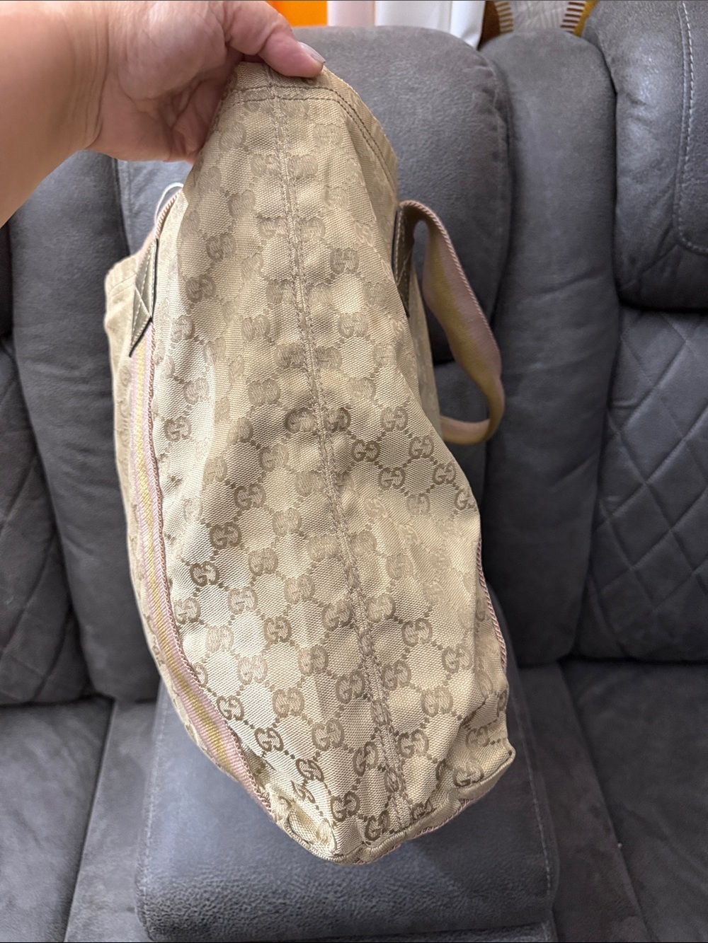 GG Monogram Beige Canvas Tote with Pink & Olive Straps - Picture 5 of 12